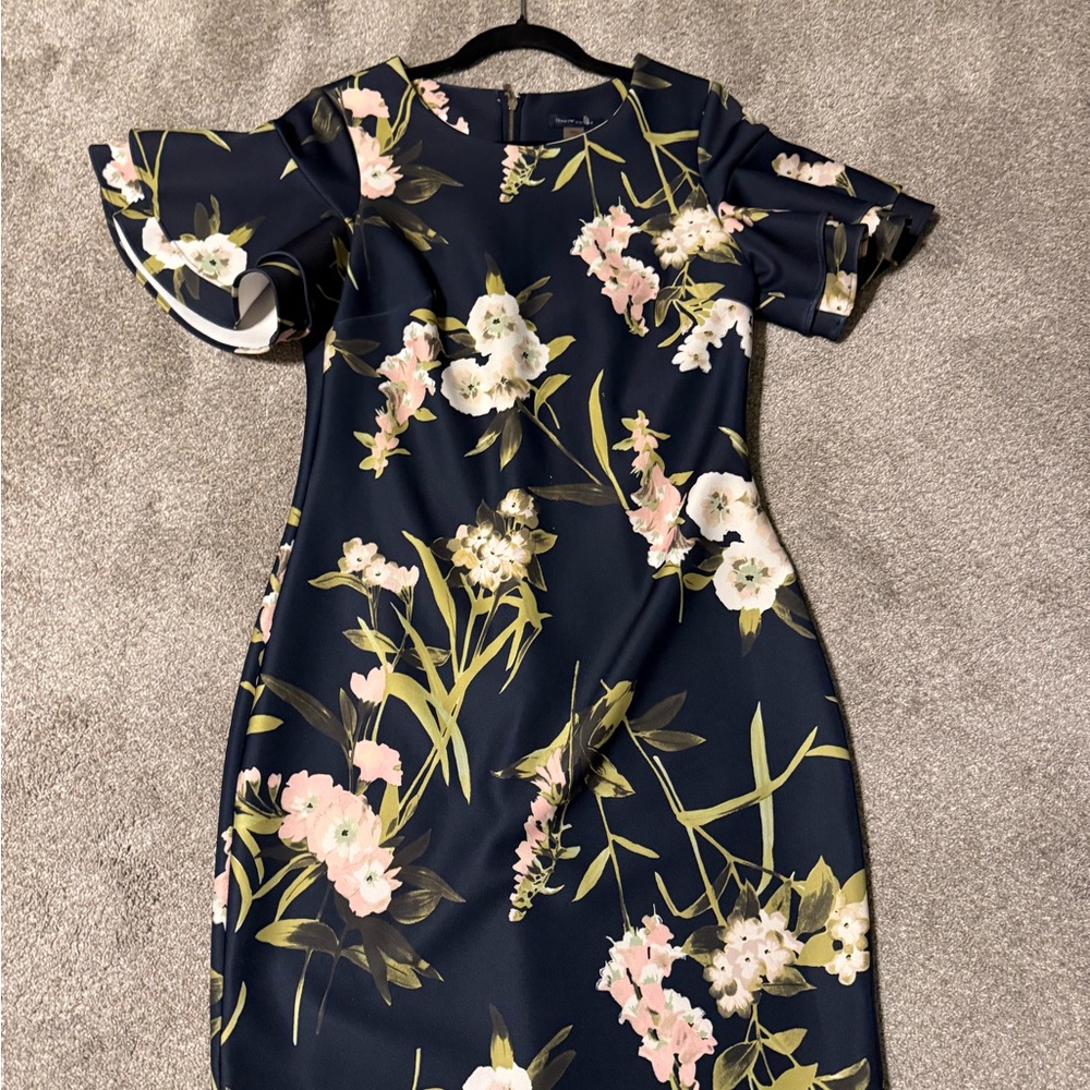 Tommy Hilfiger Navy Floral Midi Dress with Ruffle Sleeves